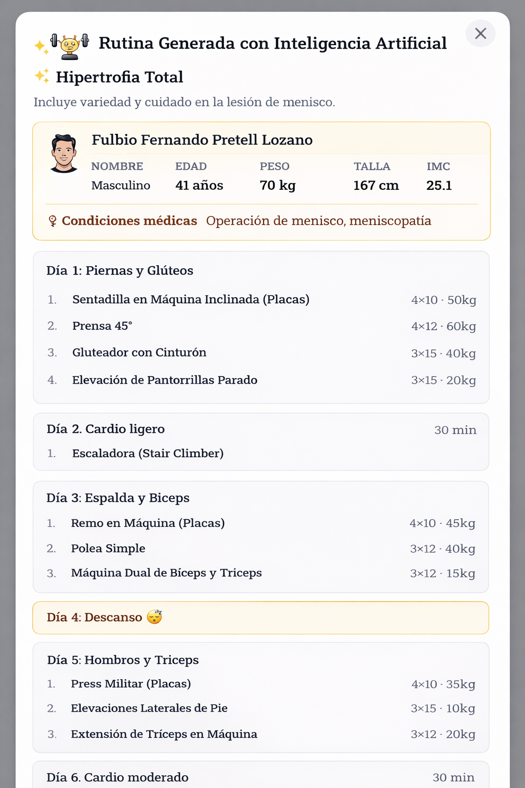Preview de rutina generada con IA en InnovaFit